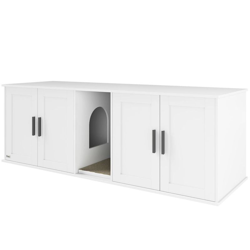 PawHut Cat Litter Box Enclosure With Double Room, Scratching Mat For 2 Cats, 57' X 19' X 20', White_voghion.com