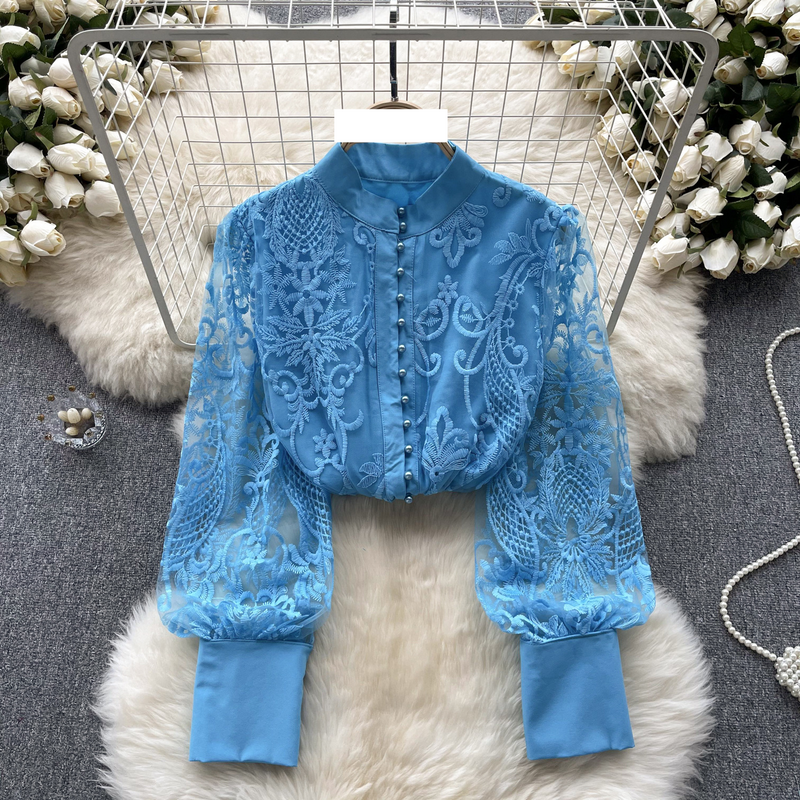 Damkläder Blus i vintagestil med broderi och temperament i gasväv_voghion.com