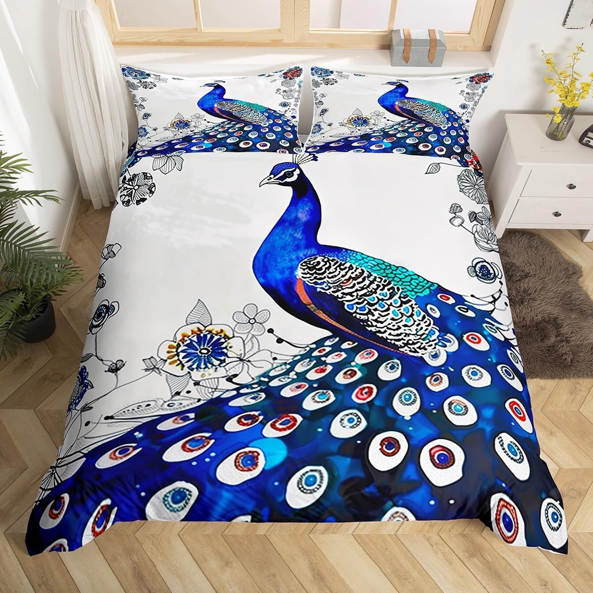 Blue Peacock Duvet Cover Cot For Retro Peacock Quilt Cover,Aesthetic Animal Floral Bedding Set,Rustic Bed Set With 1 Pillowcase Bedroom Decor_voghion.com