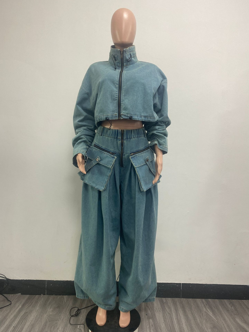 Women's Clothing Fashion Loose Casual Short Jacket Wide Leg Trousers Denim Suit Women's Two Piece Suit_voghion.com