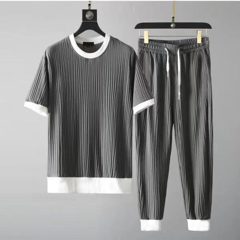 Men's Clothing Summer Thin Ice Silk Sports Men's Color Matching Pleated Large Size T Shirt Nine Point Pants Casual Two Piece Set Foreign Trade_voghion.com