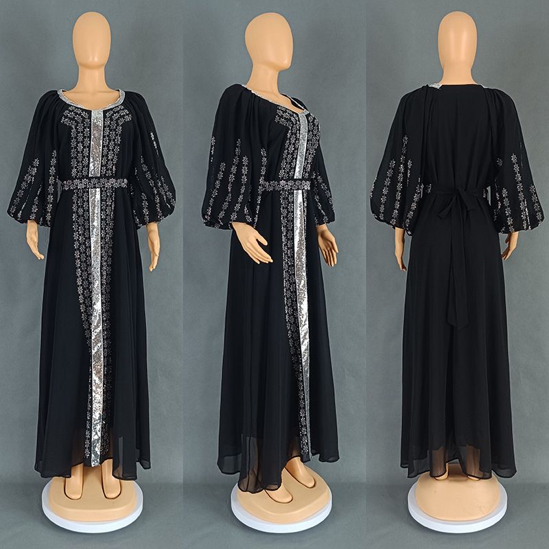 Abbigliamento da donna, abito lungo in chiffon con maniche a sbuffo, stile etnico mediorientale, con cintura e diamanti caldi_voghion.com