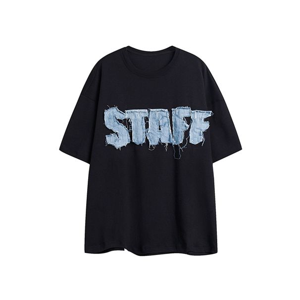 férfi ruházat farmer foltos hímzés romboló stílusú betűs nyomtatott rövid ujjú póló férfiak pár laza_voghion.com