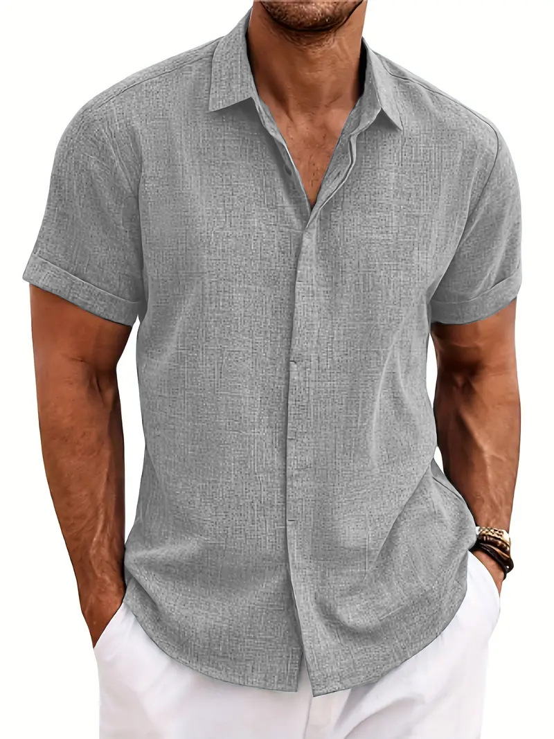 Felpa ampia Ebey, camicia in lino di cotone, camicia a maniche corte da uomo oversize da spiaggia_voghion.com