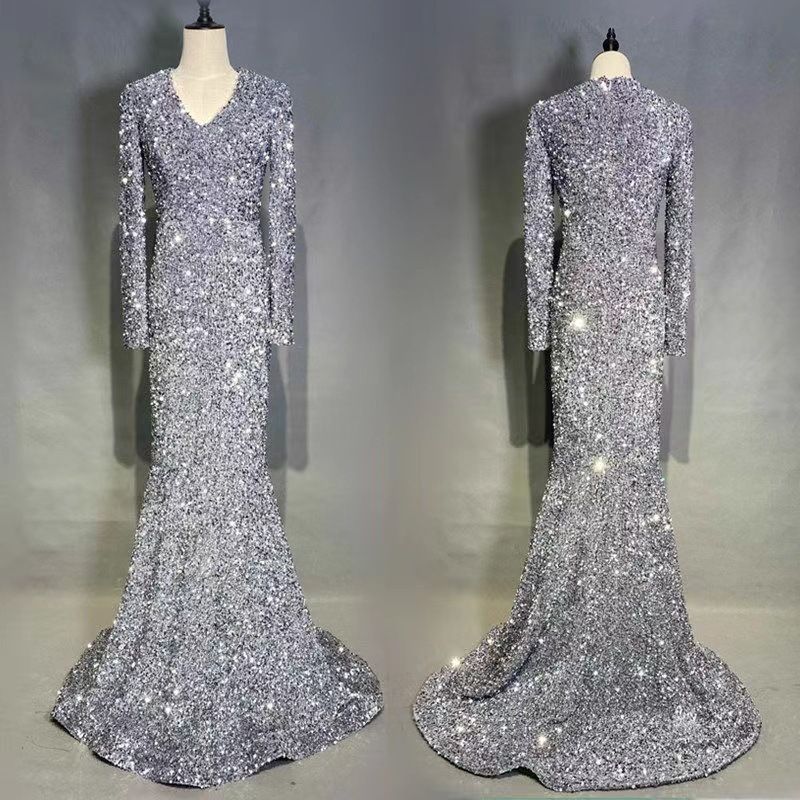 Robe de soirée pour femme 2024, nouvelle collection, paillettes, col en V, manches longues, hôte, performance, banquet, haut de gamme, sexy, queue serrée_voghion.com