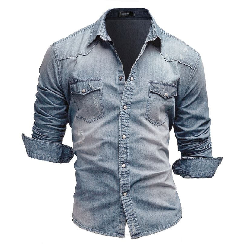 Îmbrăcăminte bărbătească Cămașă simplă din denim cu mânecă lungă Cămașă bărbătească mărime mare_voghion.com