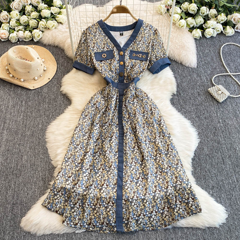 V Neck Chiffon Dress Women's Summer Dress 2025 New European Style Temperament Slim Denim Splicing Floral A Line Skirt_voghion.com