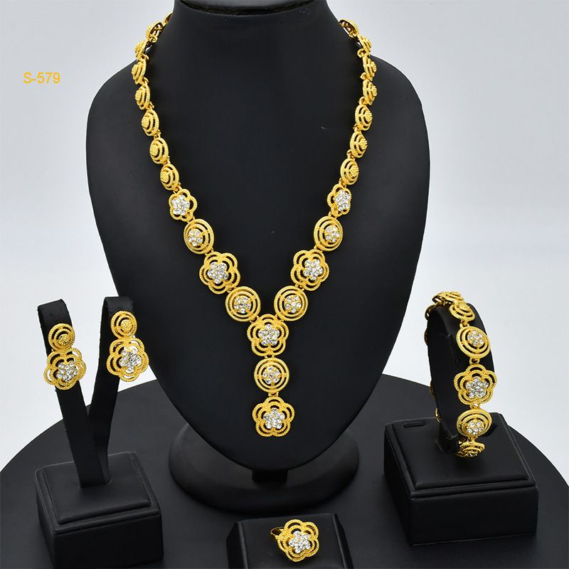 Gold jewelry bridal jewelry set Women's necklace bracelet earrings ring 4-piece set_voghion.com