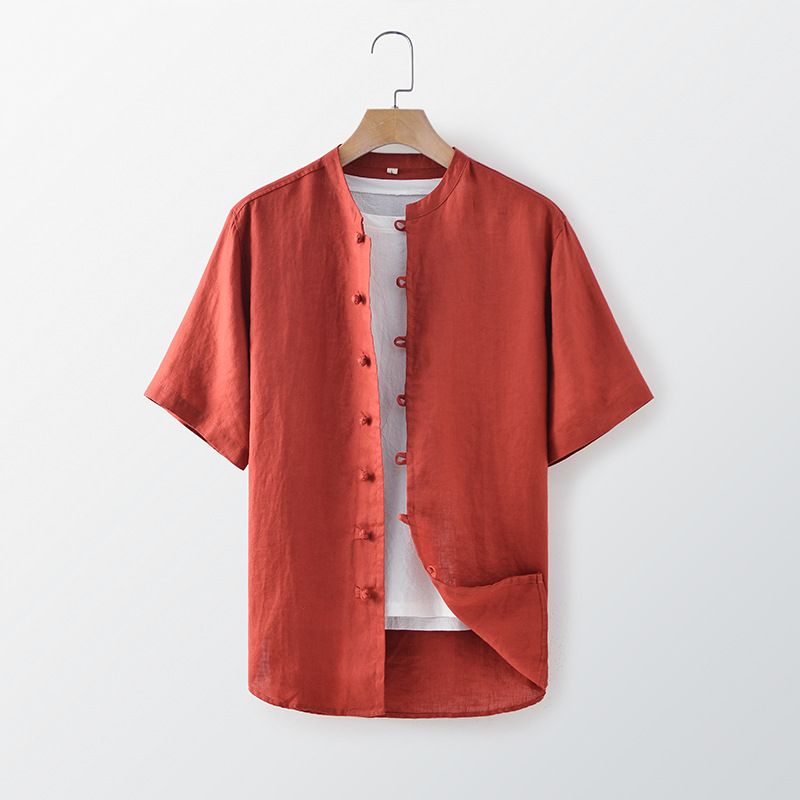 Men's Chinese Button Linen Shirt Casual Loose Stand Collar Short Sleeve Top _voghion.com