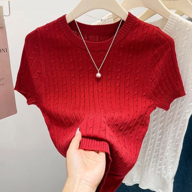 ​​Women's Slim Fit Short Sleeve Knit Top - Lightweight Summer T-Shirt In Navy Blue, Apricot, White & More | Comfortable & Stylish Casual Wear​​_voghion.com