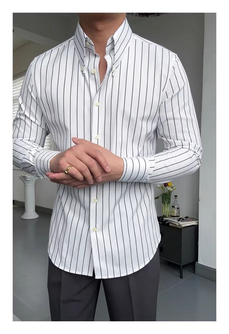 Herrenbekleidung Casual Business Langarm Gestreiftes Hemd Retro Grüner Knopf Langes Spitzkragenhemd Modische Persönlichkeit Slim Fit_voghion.com