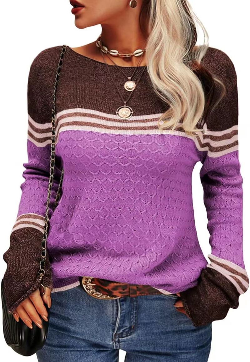 Abbigliamento donna autunno e inverno nuova moda modello gancio top a maniche lunghe a righe color block maglione lavorato a maglia girocollo per le donne_voghion.com