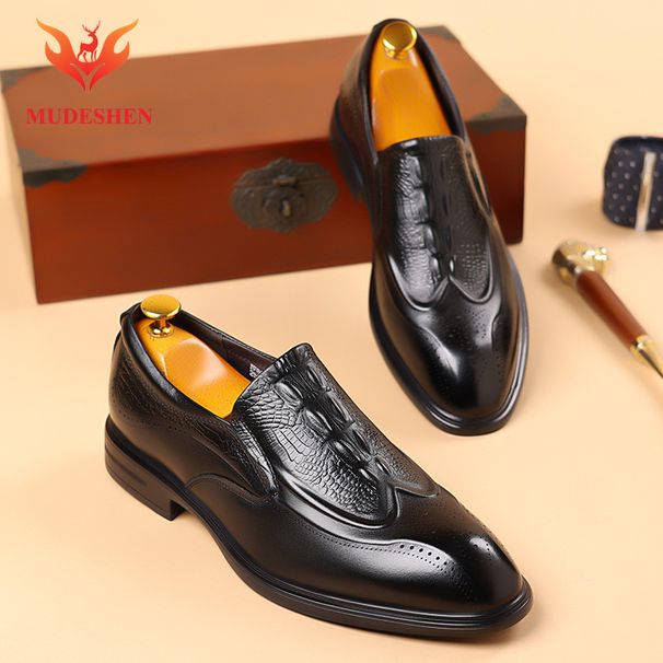 MUDESHEN Brogue Crocodile Pattern Men Slip-On Top Layer Cowhide Business Formal Leather Shoes_voghion.com