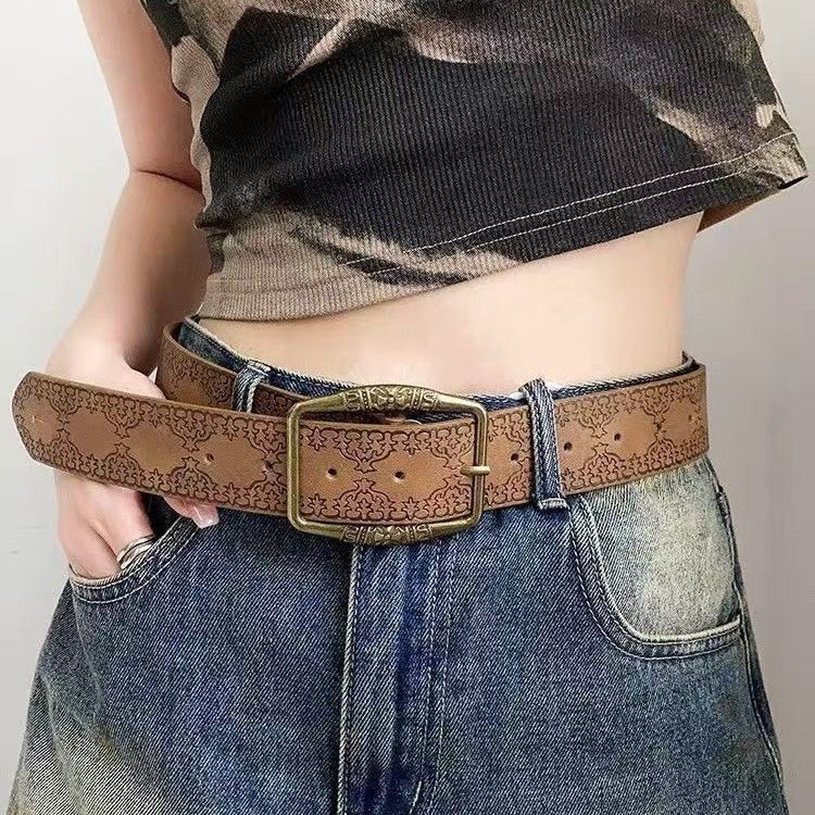 Gürtel im ethnischen Stil, Retro- und alter literarischer und vielseitiger Gürtel für Damen, personalisierte geprägte Freizeitjeans, Gürtelzubehör_voghion.com