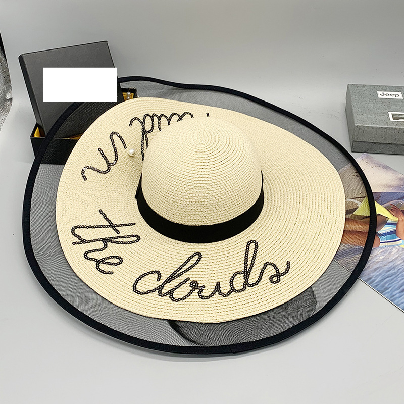 Summer warp-knitted satin fillet for women with sequin letters large overhang sunshade domed hat with sun protection_voghion.com