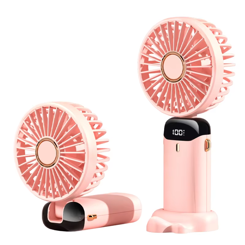USB Handheld Mini Fan Foldable Portable Neck Hanging Fans 5 Speed USB Rechargeable Fan With Phone Stand And Display Screen_voghion.com