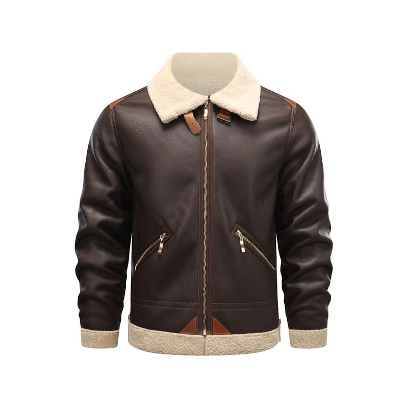 Herrenbekleidung Herren Winter Shearling Lederjacke - Bomber-Stil mit Lammwollfutter, Arbeitskleidung Mode, Winddicht & Strapazierfähig​_voghion.com