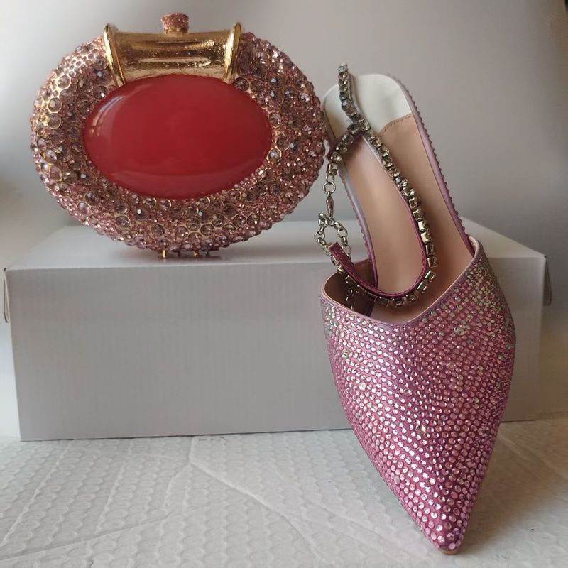 Ensemble complet de chaussures à bout pointu et talons aiguilles pour femme, avec sac de soirée en cristal_voghion.com