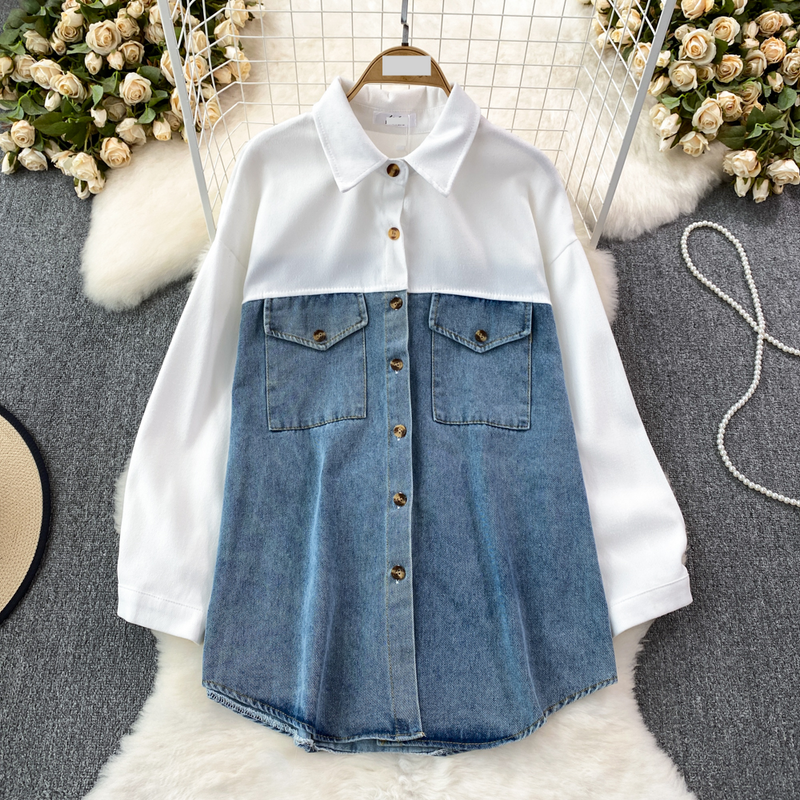 Women's Clothing Autumn and Winter Long-sleeved Lapel Single-breasted Denim Shirt Women's Casual Loose Slim Tops_voghion.com
