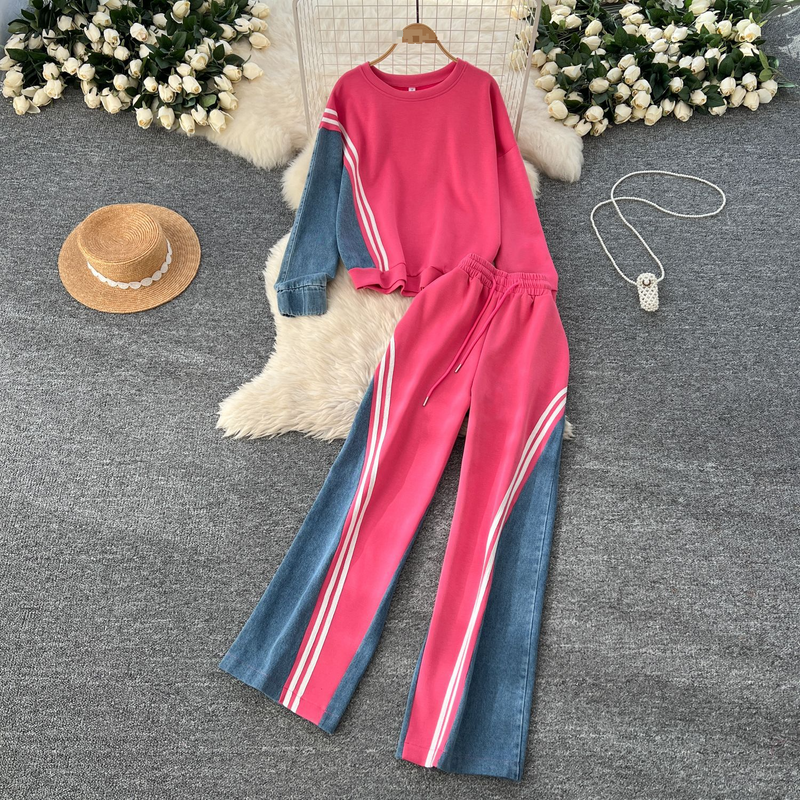 Women's Clothing casual sports suit for women in autumn, loose and versatile round neck sweater, high waist denim patchwork trousers_voghion.com