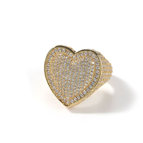 Anello a forma di cuore hip hop da uomo e da donna con zircone 3A, design trendy per lo streetwear, pezzo unisex (oro e argento)_voghion.com