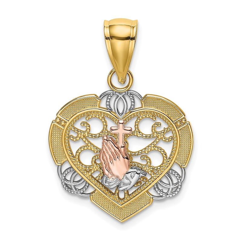 14K Two-tone W/White Rhod Praying Hands And Cross Heart Charm_voghion.com