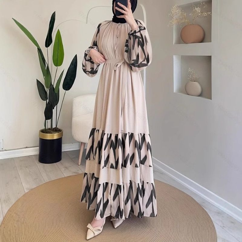 Women's Clothing Middle Eastern Robe Women's Striped Long Skirt Fashion With Belt Dress_voghion.com