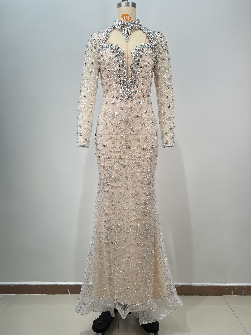 Damenbekleidung Nachtclub Bar Sängerin Volldiamant Mesh Durchsichtig Hohl Langarm Hüftlanger Rock Modellkleid_voghion.com