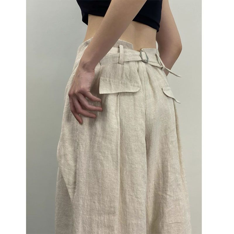 Damenbekleidung Große Faltenhose mit weitem Bein Leinenstruktur Minimalistische lockere schwebende Stoffhose Lässiges Design_voghion.com