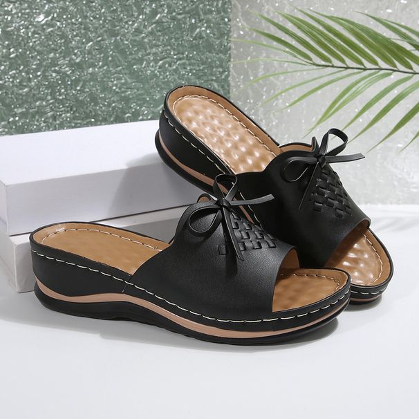 Women's Shoes Round Toe Sandals For Women With Stitching Wedge Heels And Bowknot Comfortable Large Size Sandals_voghion.com