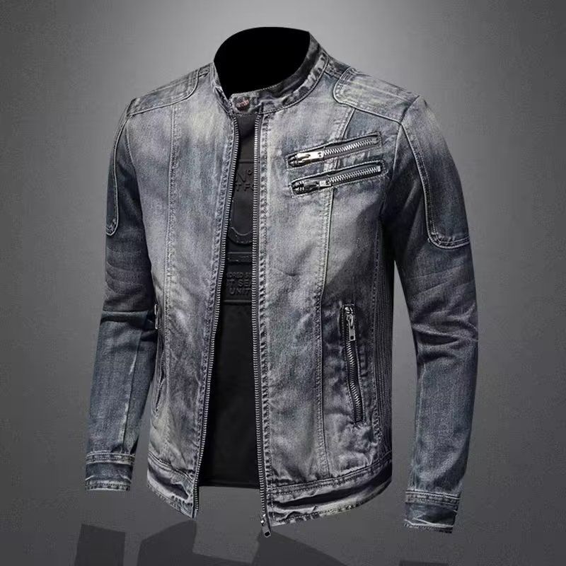 Herrenbekleidung Vintage-Jeansjacke für Herren – Slim Fit Retro-Reißverschlussjacke mit klassischem Kragen, bequemer Polyestermischung, lässiger Mantel_voghion.com