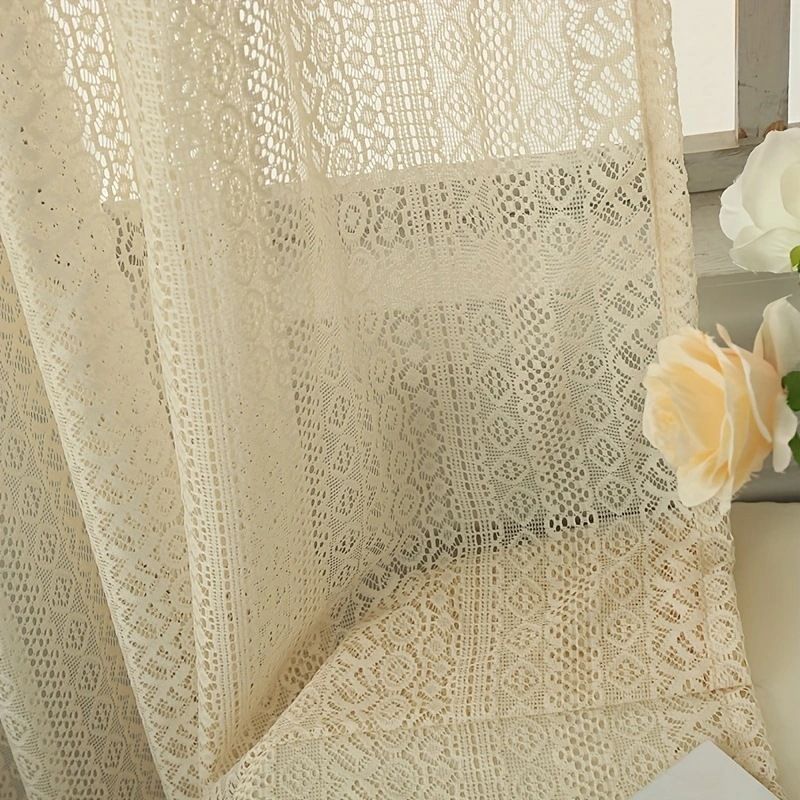 Französischer Retro-Häkel-Quasten-Gaze-Vorhang für Zuhause, lichtdurchlässiger Fenstervorhang, undurchlässiger fertiger Vorhang_voghion.com
