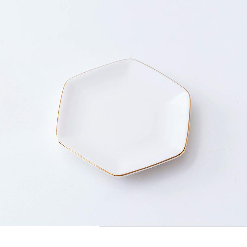 Simple Polygonal Ceramic Square Round Plate Dessert Hot Pot Dipping Sauce Plate Gold Painted White Porcelain Snack Plate_voghion.com
