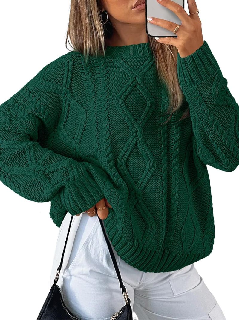 Übergroßer Grobstrickpullover für Damen, weicher Acryl-Rundhalsausschnitt, langärmeliger Pullover, lässig, lockere Passform, einfarbige Oberteile_voghion.com