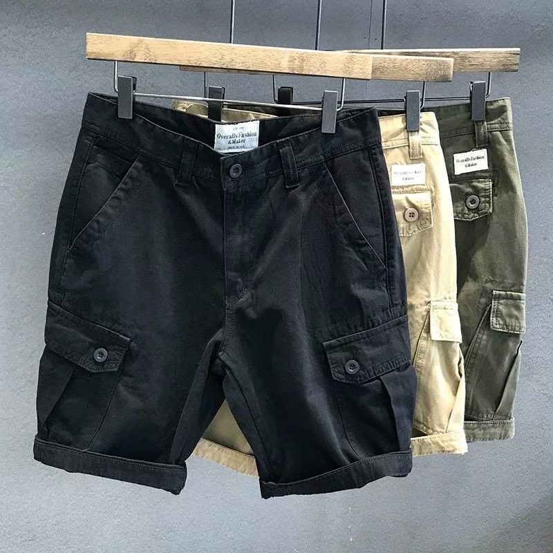 Men's clothing Khaki multi-pocket trendy casual workwear shorts men's summer shorts black loose straight pants_voghion.com
