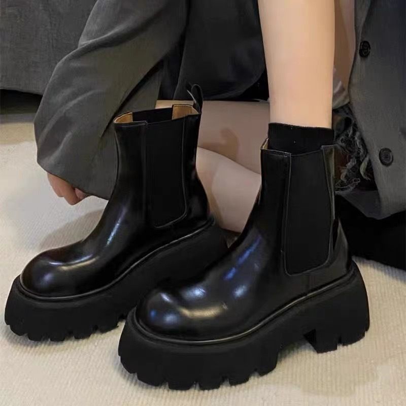 Thick-Soled Black New Ankle Slip-On British Style Martin Women's Shoes New New Mid-Calf New Tube Boots_voghion.com