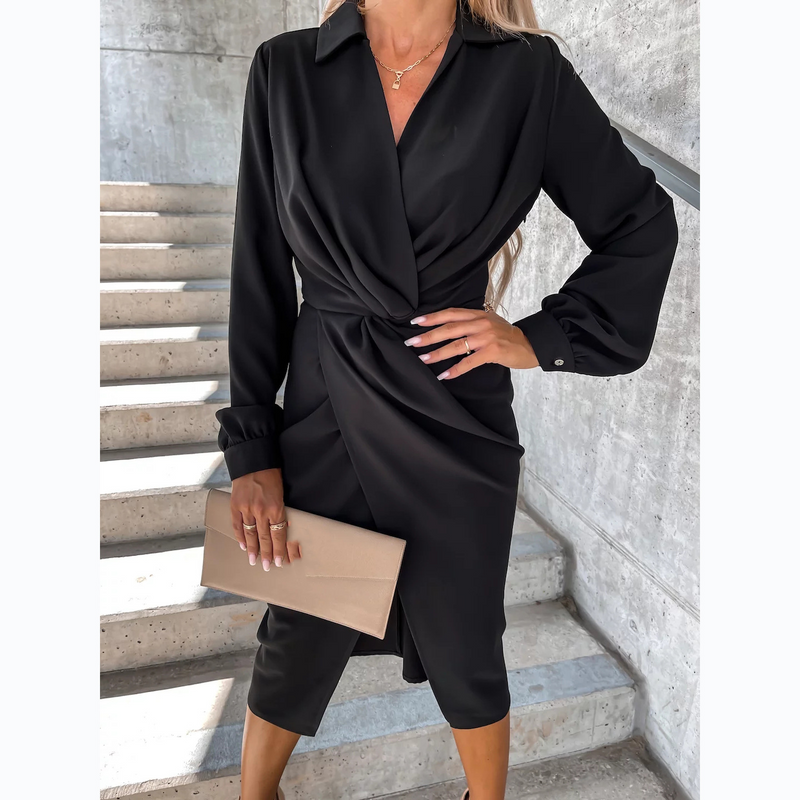 Women's Clothing autumn and winter solid color cross shirt dress _voghion.com