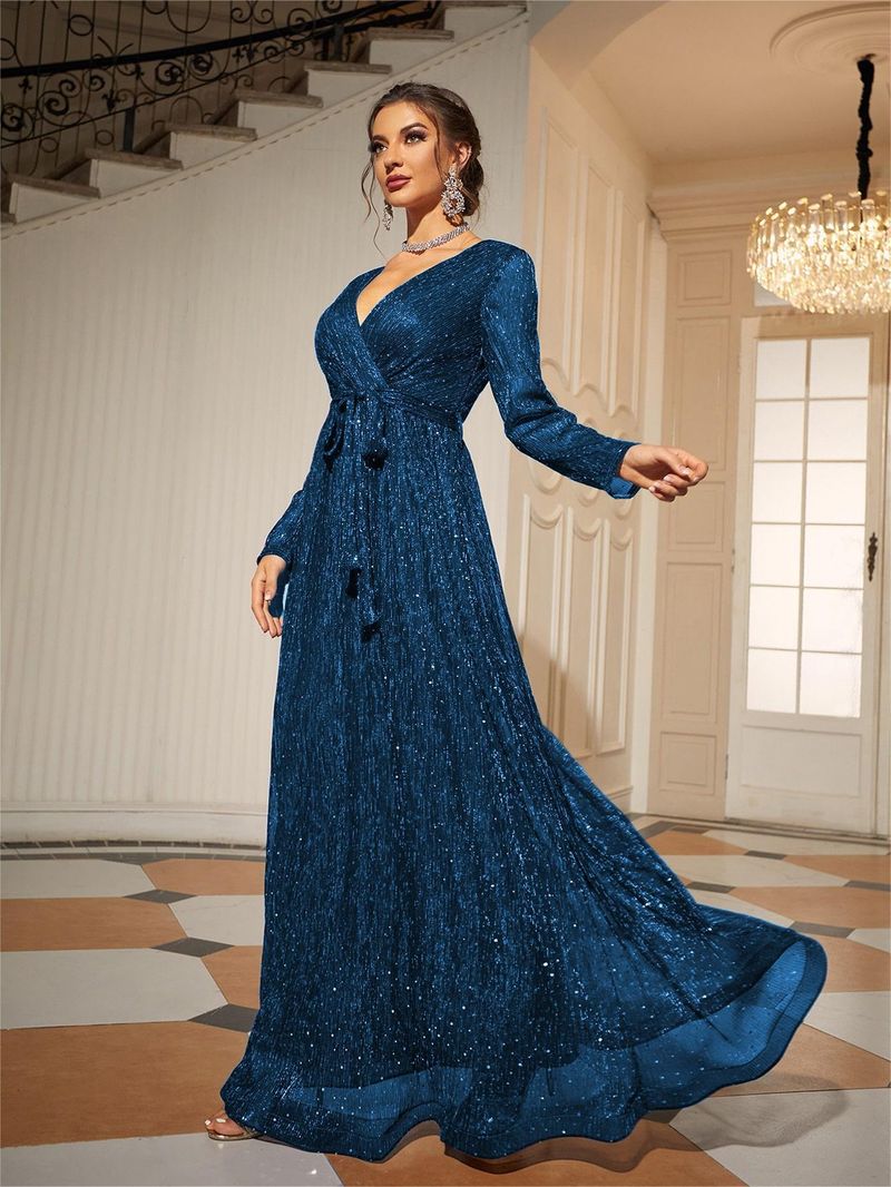 Abito da donna in rete glitter oro elegante a maniche lunghe da sera, abito da ballo, abito da festa, abito da damigella d'onore_voghion.com