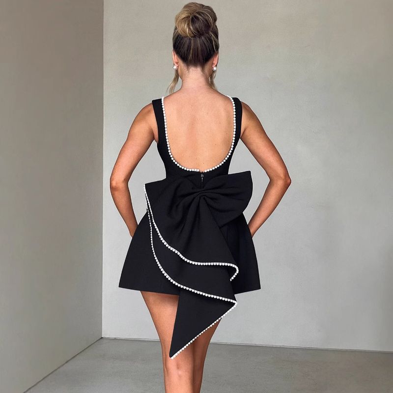Damenbekleidung Sommer Perlenschleife Mode schlanker kurzer Rock rückenfrei Hot Girl A-Linie Kleid_voghion.com