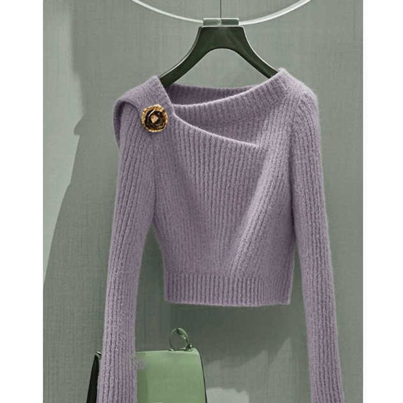 Women's Clothing Autumn New Style Oblique Shoulder Slim Short Design Sweater Bottoming Shirt French Waist Slim Women's Tops_voghion.com