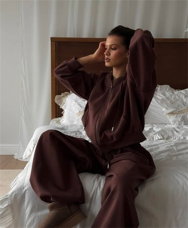 Damen Casual Hoodie & Jogger Set (Langarm, 65% Baumwolle, Pullover, S-XL) – Streetwear Zweiteiler in Wein/Espresso/Wald_voghion.com