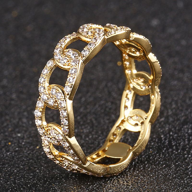 Anello cubano alla moda per uomo e donna, placcato oro con diamanti in stile hip-hop, in rame e zircone._voghion.com
