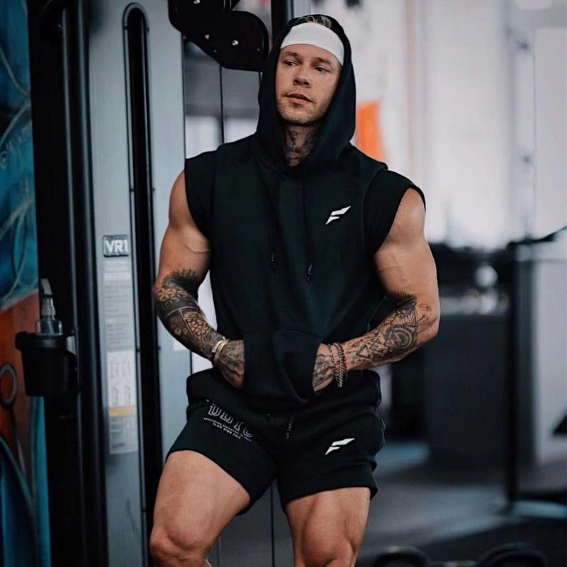 New American Style Sports Fitness Vest Men's Sleeveless Hooded Basketball Jersey Box Train Loose Top Outdoor_voghion.com
