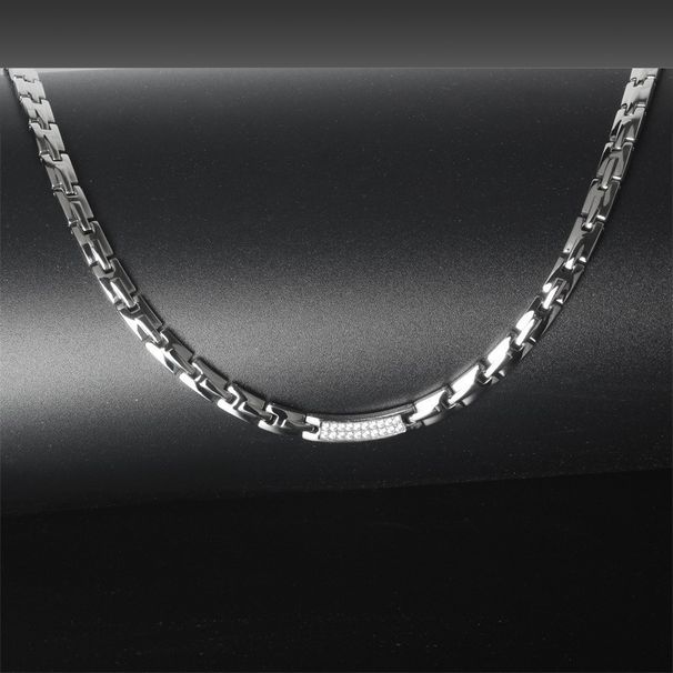 Simple And Fashionable Double Row Inlaid Diamond Titanium Magnetic Therapy Stainless Steel Necklace_voghion.com