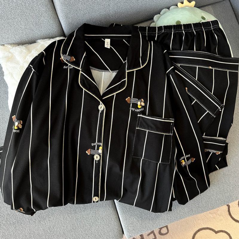 【   Cotton 】 Couple's Pajama Women's Cartoon Striped Sausage Dog Spring and Autumn Black Premium Home Clothes_voghion.com