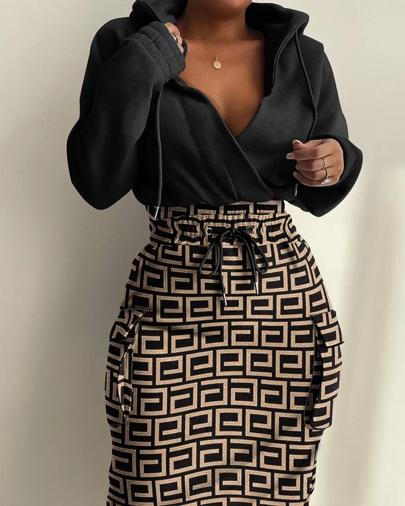 Robes de banlieue à manches longues avec cordon de serrage et col en V pour femmes_voghion.com