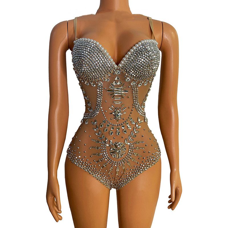 Funkelnder Kristall wunderschöner Badeanzug Spaghettiträger transparenter Overall sexy einfarbig ärmellose Dessous_voghion.com