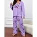 Große Damen-Pyjamas, Set mit langen Ärmeln und Hose, süßer Pullover mit lila Schmetterlingsdruck, lässige Loungewear, zweiteilig._voghion.com