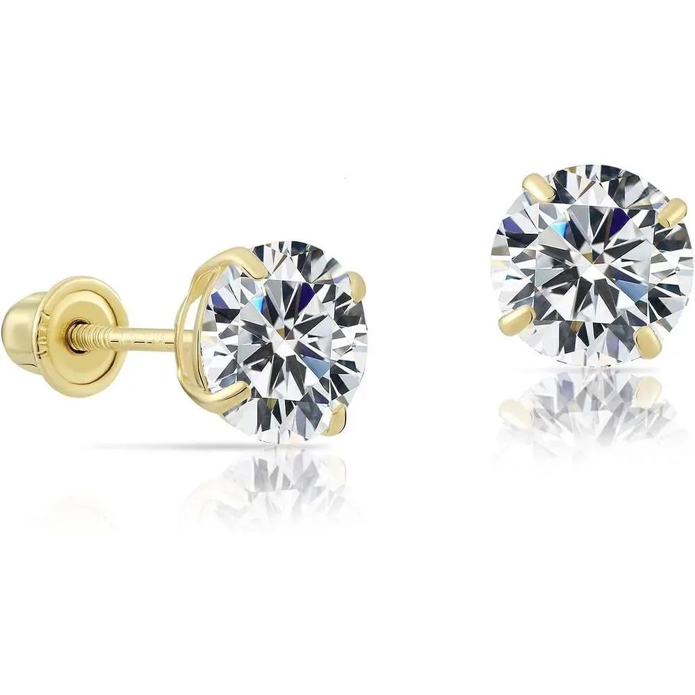 Σκουλαρίκια μονόπετρα από κίτρινο χρυσό 14 καρατίων με στρογγυλά κυβικά ζιρκόνια και βιδωτές ράγες ασφαλείας_voghion.com