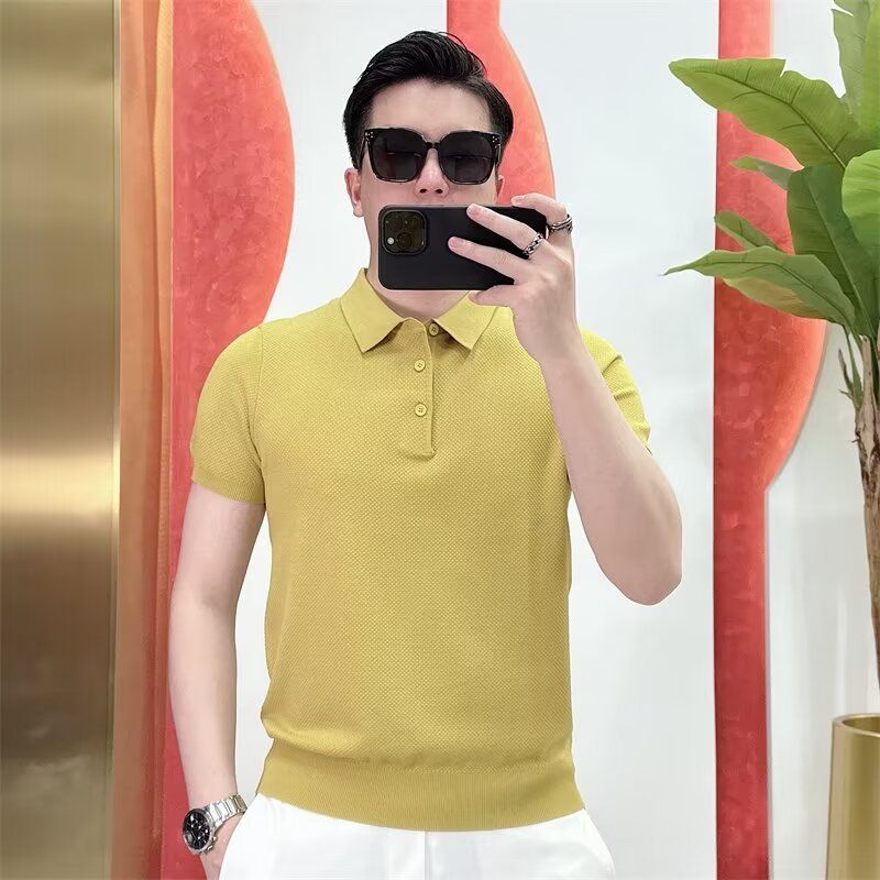 Roupas masculinas camisa polo 2024 verão marca moda magro bonito cor sólida lapela gelo seda manga curta camiseta_voghion.com